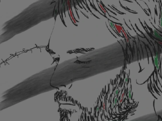 Grey illustration of a man's face with grey paint strokes and barbed wire