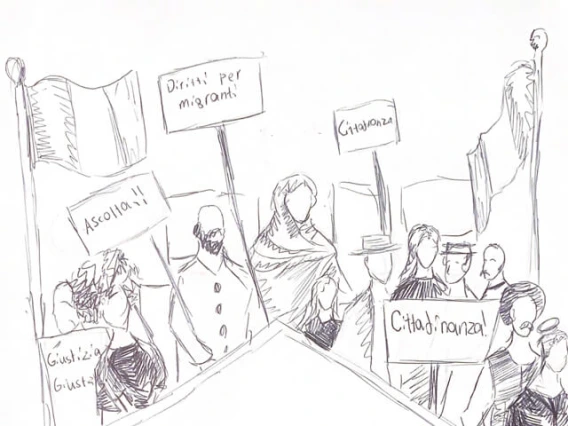 Drawing of a crown of people on a bridge holding signs