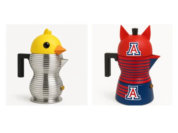 Two fanciful coffee pots, one with a duck head and one a U of A wildcat