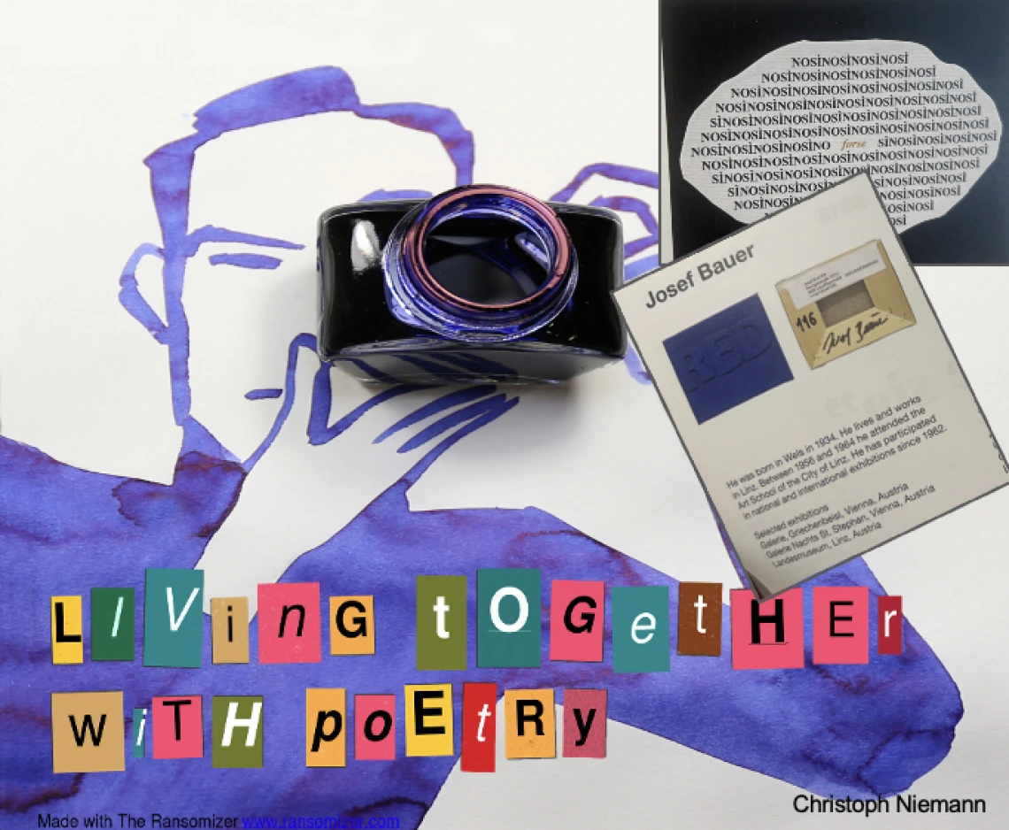 Collage for poetry event, text spells out living together with poetry
