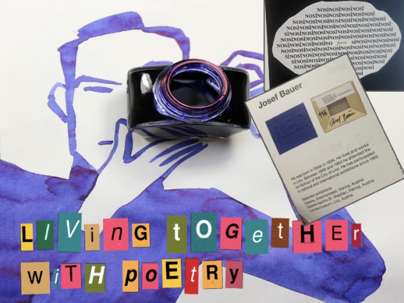 Collage for poetry event, text spells out living together with poetry