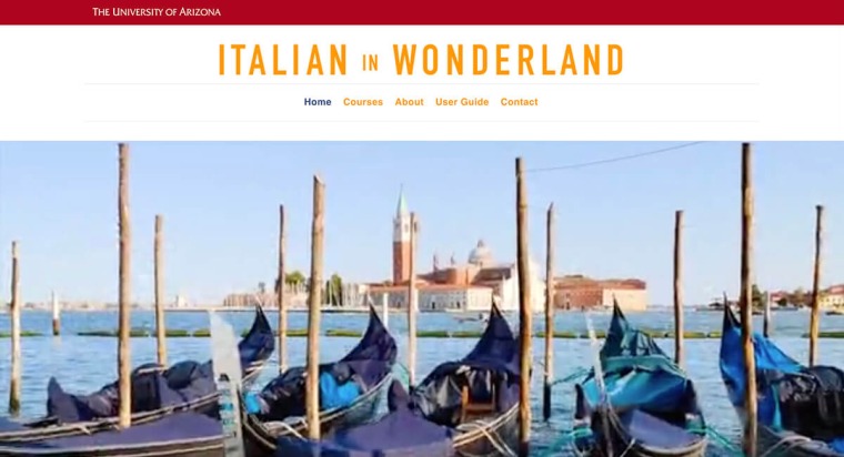 Homepage of Italian in Wonderland website with image of gondolas in Venice.